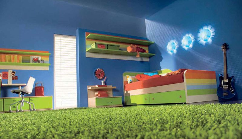 Blue Kids Bedroom with Rainbow Color Furniture