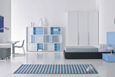Blue and White Teen Room with Stripe Rug