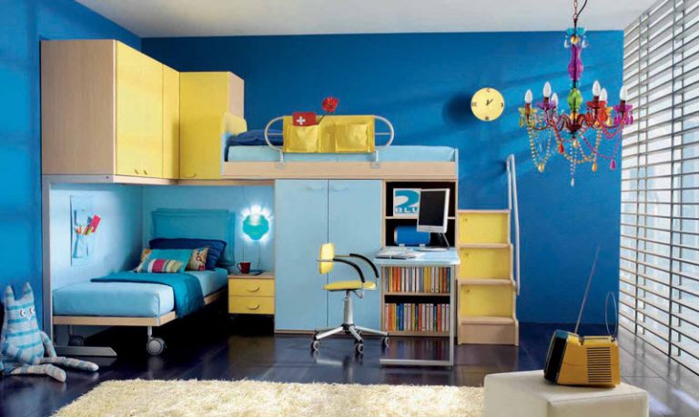 Blue and Yellow Childerns Bunk Beds with Fancy Chandelier