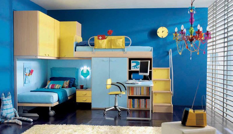Blue and Yellow Childerns Bunk Beds with Fancy Chandelier