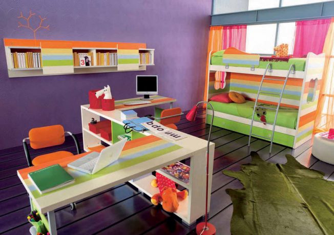 Bright and Dominant Color Purple Bedroom with Twin Study Desk