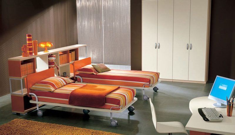 Brown Childern Room with Striped Bed Cover
