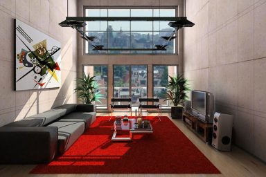 Contemporary Living Room with Red Rugs And LCD TV Sets