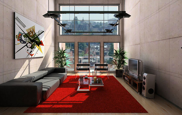 Contemporary Living Room with Red Rugs And LCD TV Sets