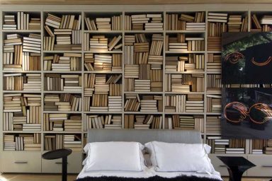 Cool Bedroom with Lots of Wood Bookshelves