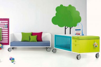 Cool Crib and Sofas for Kids with Tree Wallpaper