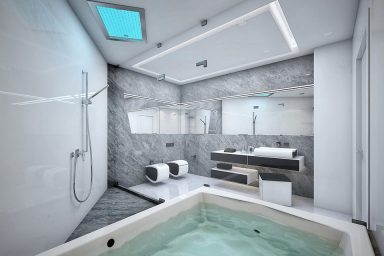 Cool White and Grey Bathroom With Large Bathtub