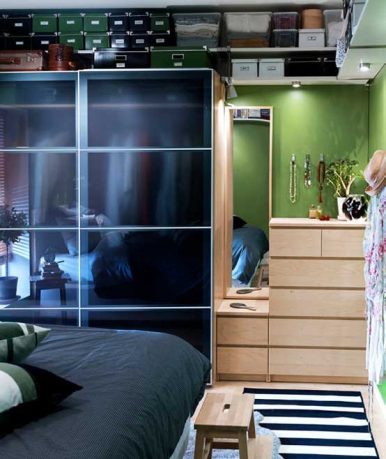 Fresh Green Bedroom with Blue Strip Rug From IKEA