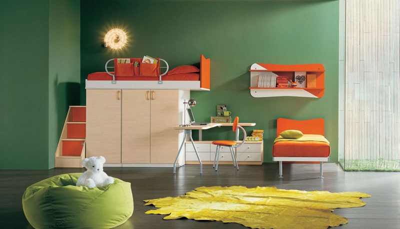Green Bedroom for Childern with Unique Wall Lights