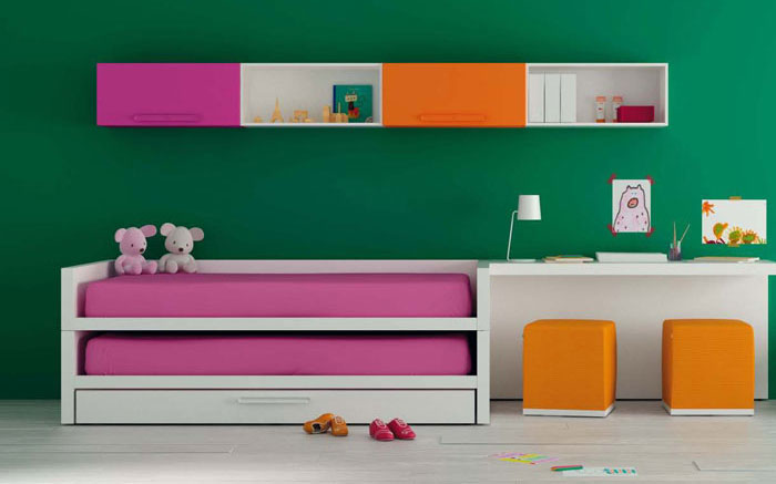 Green Wall Kids Room with Orange and Pink Furniture