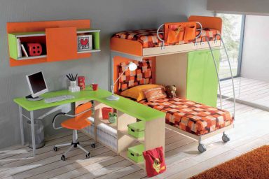 Grey Childern Bedroom with Orange and Green Bunk Beds