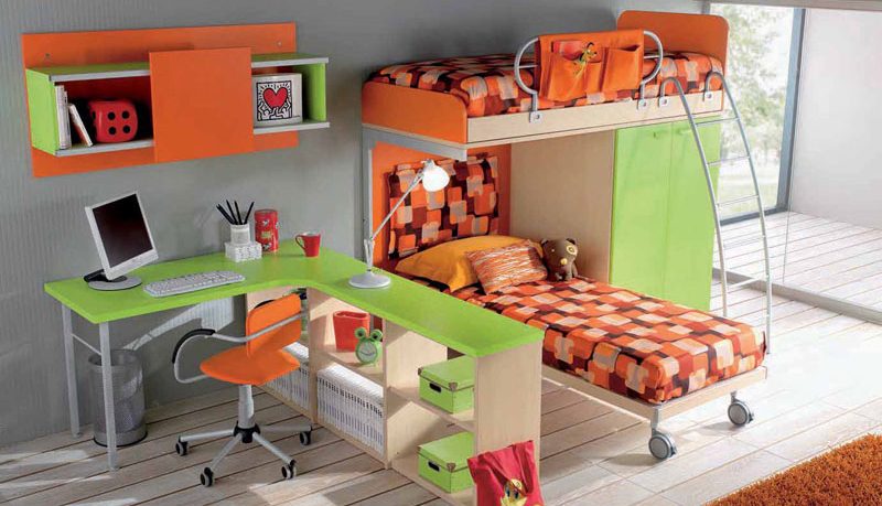 Grey Childern Bedroom with Orange and Green Bunk Beds