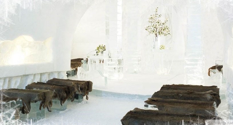 Ice Hotel Beds with Deerskin Bedcover