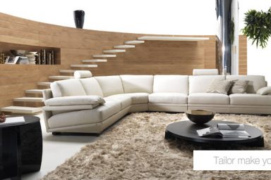 Living Room Sofa Furniture with Wood Wall and Minimalistic Stairs