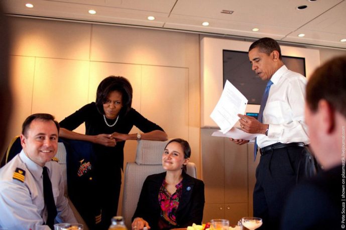 Michelle and Barack with Staff in Air Force One