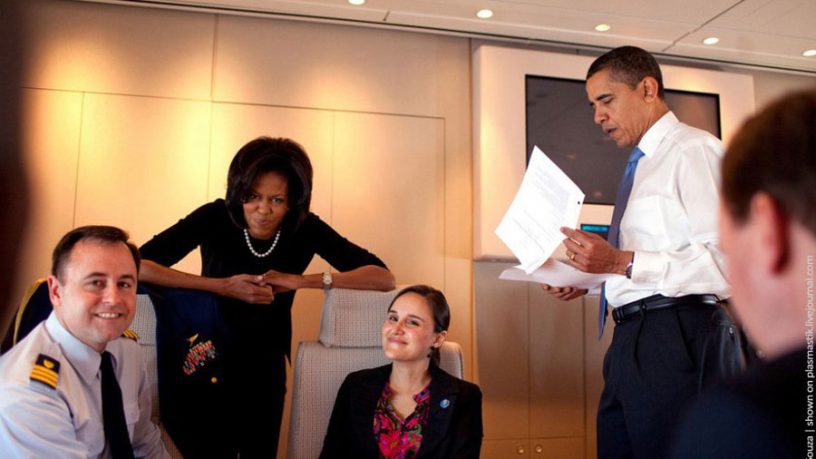 Michelle and Barack with Staff in Air Force One