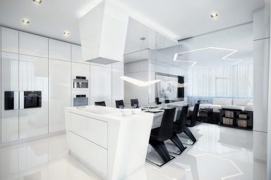 Modern Black and White Dining Room and Kitchen with Best Lighting Decorations