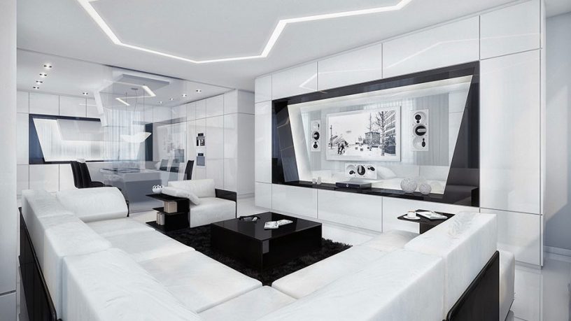 Modern Black and White Living Room with Black Rug