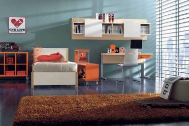 Modern Childern Bedoom with Brown Rug and Skateboard
