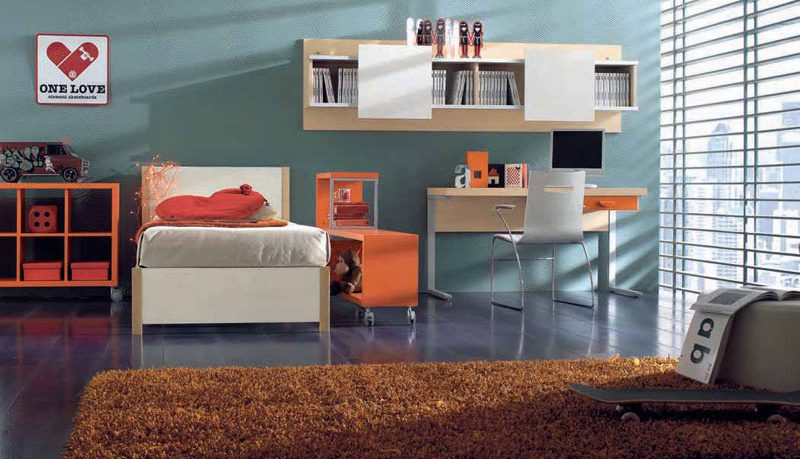 Modern Childern Bedoom with Brown Rug and Skateboard