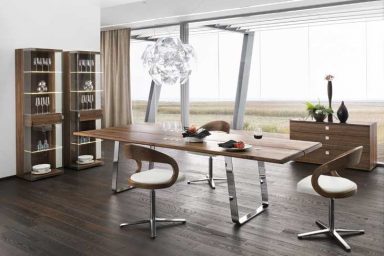 Modern Dining Table Sustainable Natural Wood Chrome with Grain Farm View