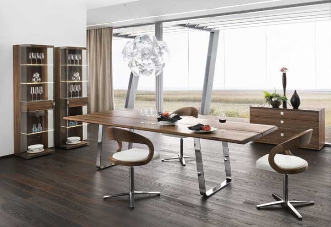 Modern Dining Table Sustainable Natural Wood Chrome with Grain Farm View