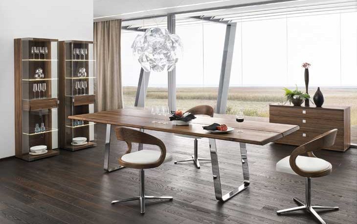 Modern Dining Table Sustainable Natural Wood Chrome with Grain Farm View