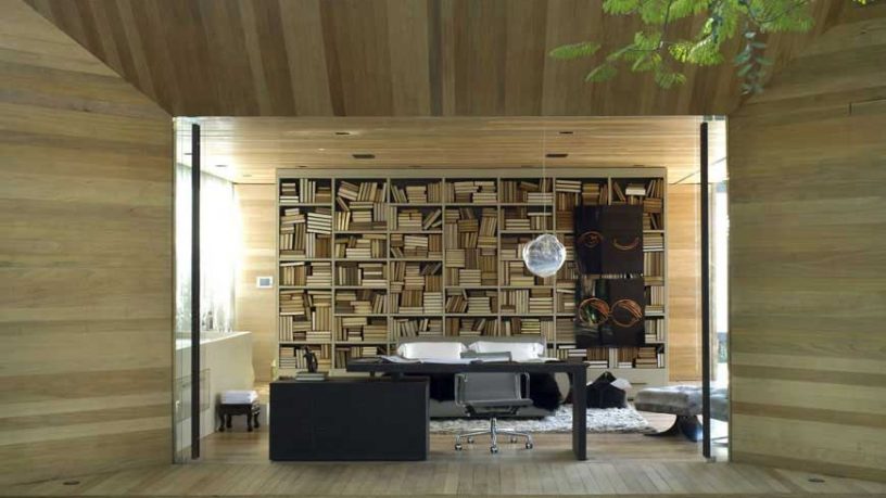 Modern Open Library Space with Wood Wall Decor