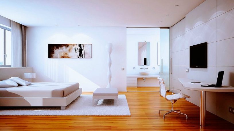Modern White Bedroom with Wooden Floor