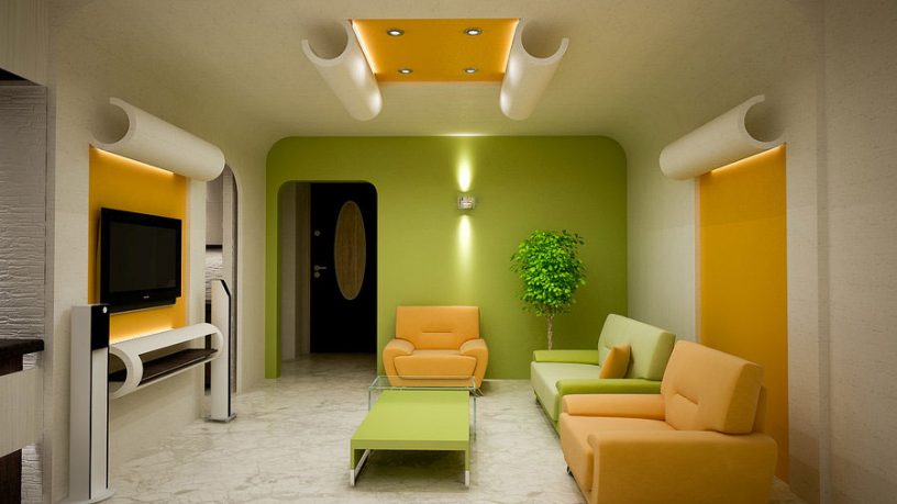 Modern Yellow and Green Living Room Design with Good Lighting