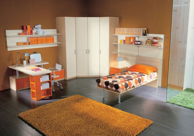 Orange Kids Room with Closet and Rug