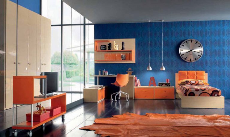 Orange and Blue Childern Room Furniture with 3D Wallpaper