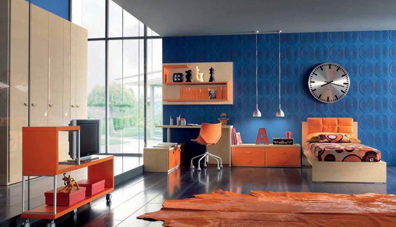 Orange and Blue Childern Room Furniture with 3D Wallpaper