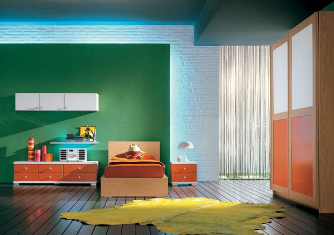 Orange and Green Childern Room with Yellow Rug