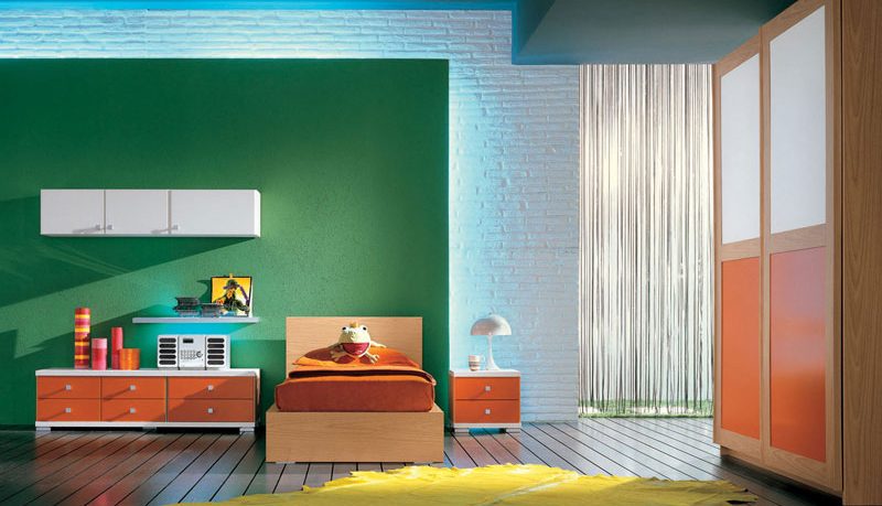 Orange and Green Childern Room with Yellow Rug