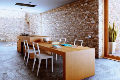 Original Wooden Rustic Kitchen Area with Rock Wall