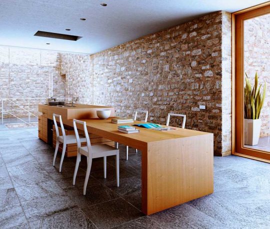 Original Wooden Rustic Kitchen Area with Rock Wall