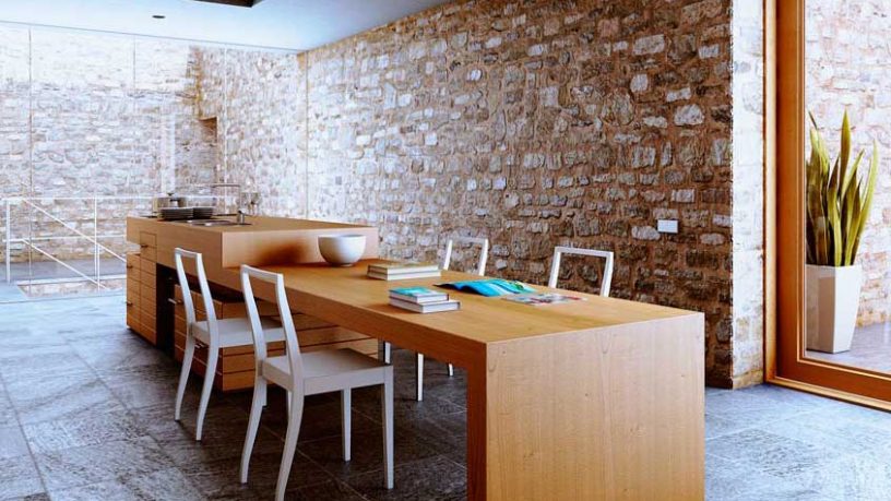 Original Wooden Rustic Kitchen Area with Rock Wall
