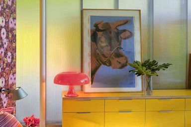 Pink Bed Room and Yellow Rack with Decorative Art Cow Head
