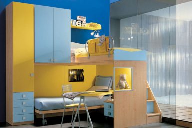 Yellow and Blue Bunkbed with Glass Wall Decor
