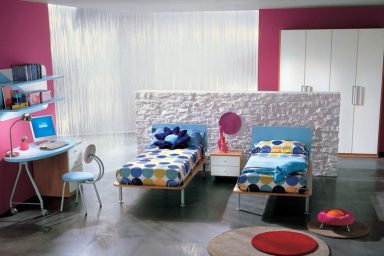 Pink and Dark Pink Girl Bedroom with White Stone Wall Texture