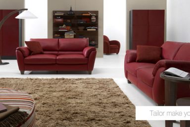 Red Living Room Sofa with Brown Rug