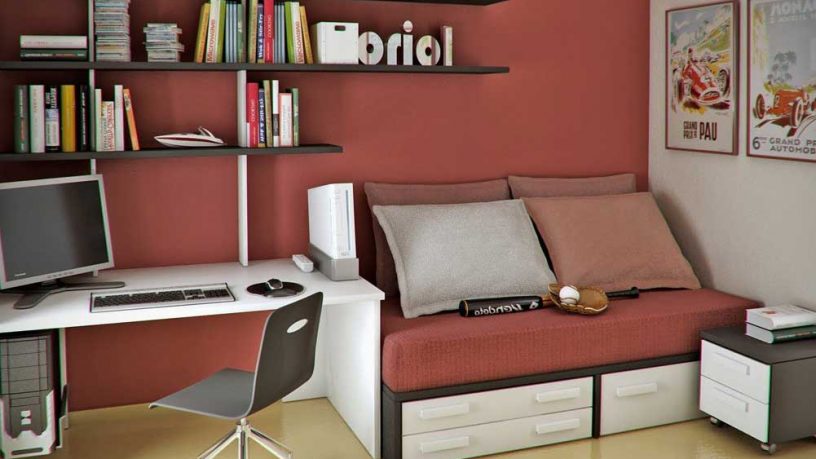 Red Workspaces with Bookcase and Small Bed