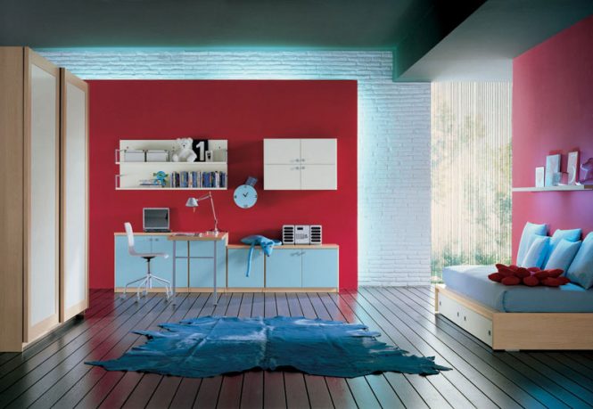 Red and Pink Kids Room with Wood Floor and Brickwall