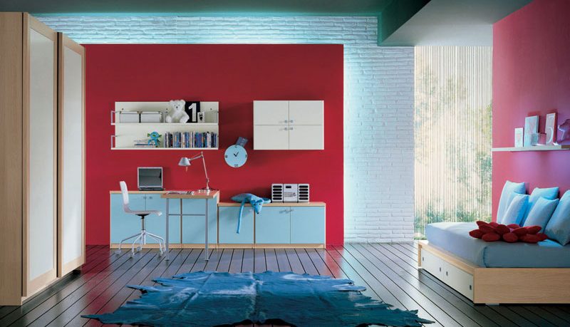 Red and Pink Kids Room with Wood Floor and Brickwall