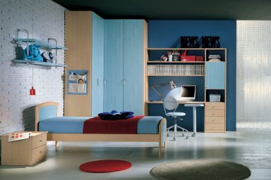Sky Blue Modern Kids Bedroom with White Brickwall