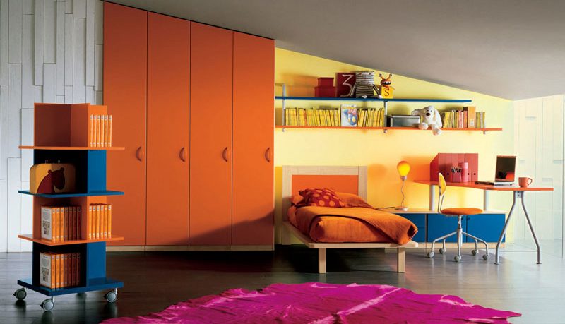 Sloping Ceiling Kids Room with Orange Wadrobe