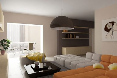 Warm Lving Room with Orange White Couch and Chandelier