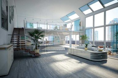 White Loft Living Room Decoration with Minimalistic Stairs