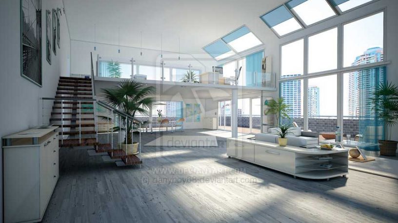 White Loft Living Room Decoration with Minimalistic Stairs